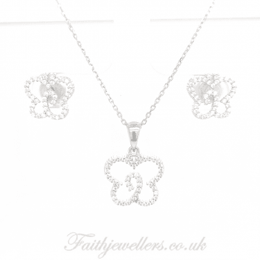 Sterling Silver Open CZ Outline with Centre Twist Butterfly Earrings & Pendant Set 13x11mm