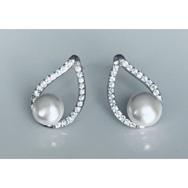 Sterling Silver Open Pear with Pearl in Centre Stud Earrings 15x10mm