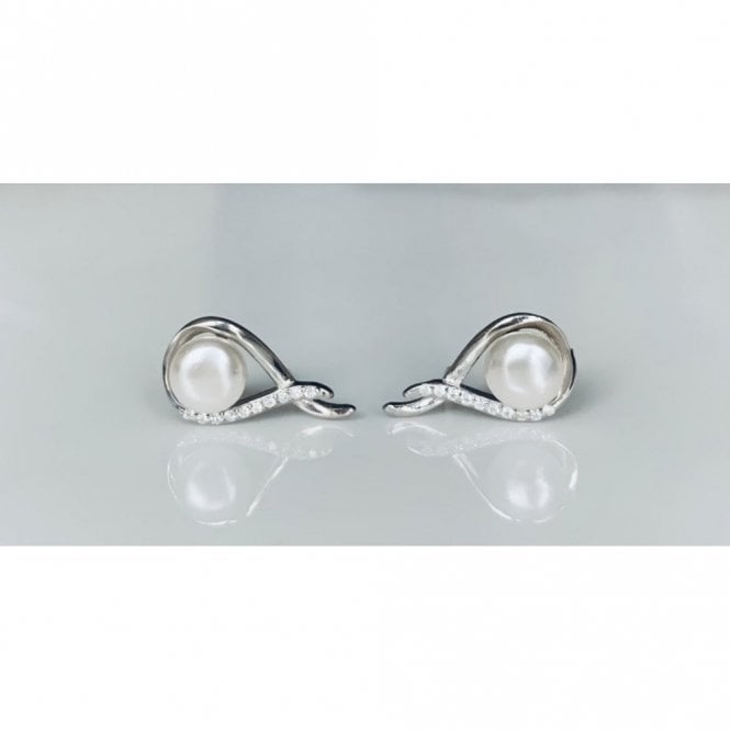 Faith Sterling Silver Sterling Silver Part CZ Pear Crossover with Single Pearl Stud Earrings 17x9mm