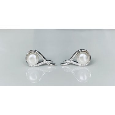 Sterling Silver Part CZ Pear Crossover with Single Pearl Stud Earrings 17x9mm
