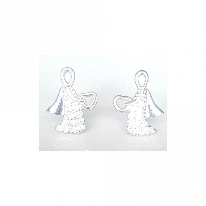 Faith Sterling Silver Sterling Silver Pave Body Angel Holding Plain Open Heart 8mm x 10mm Stud Earrings