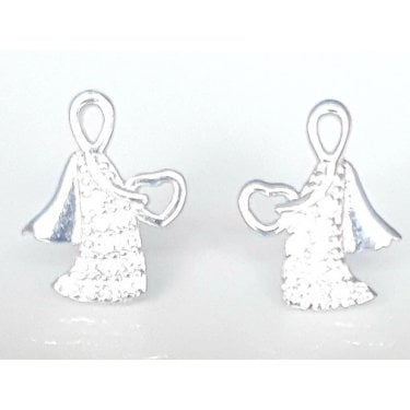 Sterling Silver Pave Body Angel Holding Plain Open Heart 8mm x 10mm Stud Earrings