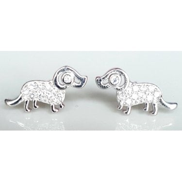 Sterling Silver Pave CZ Sideways Small Dog 12mm x 6mm Stud Earrings