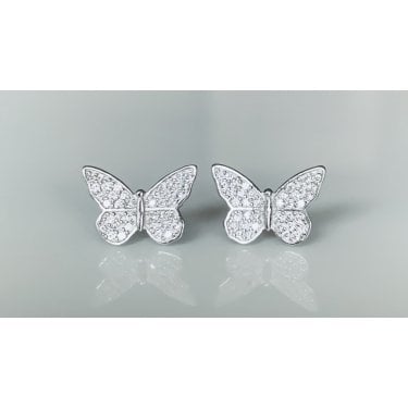 Sterling Silver Pave Pointed Wing Butterfly Stud Earrings 10x13mm