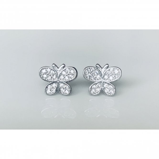 Faith Sterling Silver Sterling Silver Pave Rubover Rounded Edge Butterfly Stud Earrings 7x9mm