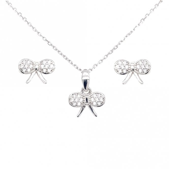 Faith Sterling Silver Sterling Silver Pave Set Rubover Bow Pendant & Stud Earrings 9x6mm