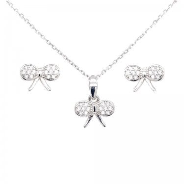 Sterling Silver Pave Set Rubover Bow Pendant & Stud Earrings 9x6mm