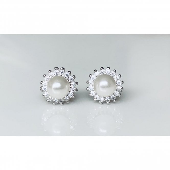 Faith Sterling Silver Sterling Silver Pearl Centre with Claw Set CZ Halo Stud Earrings 8x8mm
