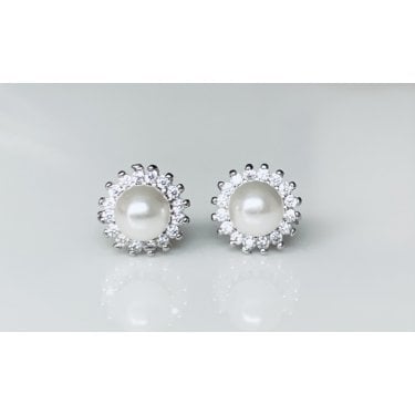 Sterling Silver Pearl Centre with Claw Set CZ Halo Stud Earrings 8x8mm
