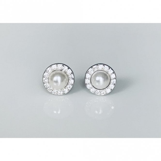 Faith Sterling Silver Sterling Silver Pearl Centre with CZ Halo Stud Earrings 7x7mm