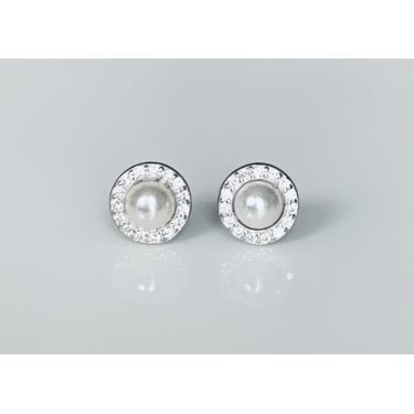 Sterling Silver Pearl Centre with CZ Halo Stud Earrings 7x7mm