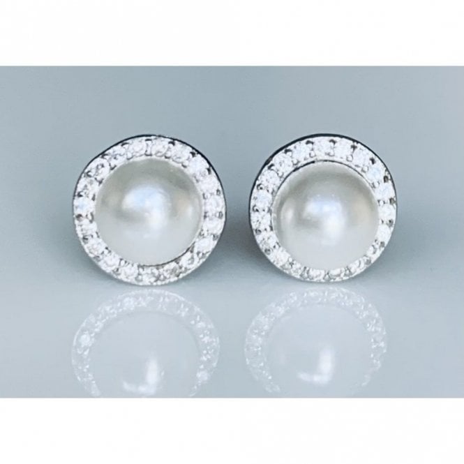 Faith Sterling Silver Sterling Silver Pearl Centre with CZ Rubover Halo Stud Earrings 7x7mm