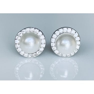 Sterling Silver Pearl Centre with CZ Rubover Halo Stud Earrings 7x7mm