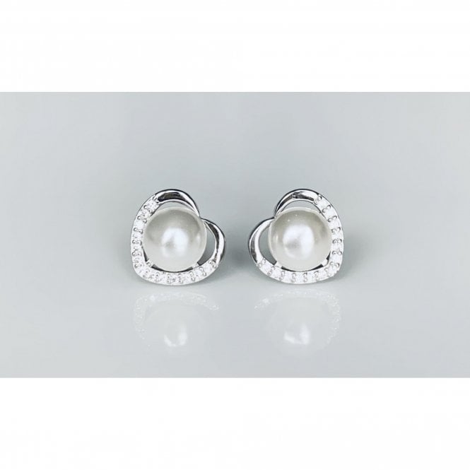 Faith Sterling Silver Sterling Silver Pearl Centre with Part Plain, Part CZ Heart Outline Stud Earrings 10x10mm