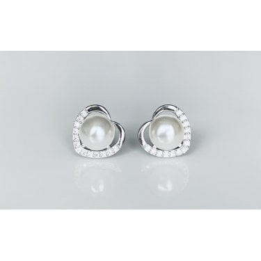 Sterling Silver Pearl Centre with Part Plain, Part CZ Heart Outline Stud Earrings 10x10mm