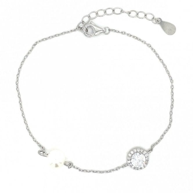 Faith Sterling Silver Sterling Silver Pearl & CZ Round Halo Fine Extendable Bracelet 16+4cm