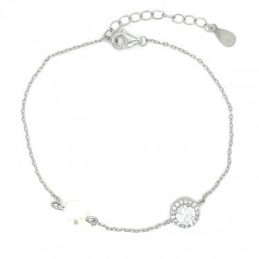 Sterling Silver Pearl & CZ Round Halo Fine Extendable Bracelet 16+4cm