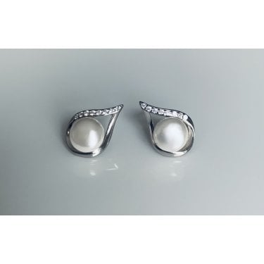 Sterling Silver Pearl in Part CZ Pear Surround Stud Earrings 13x8mm