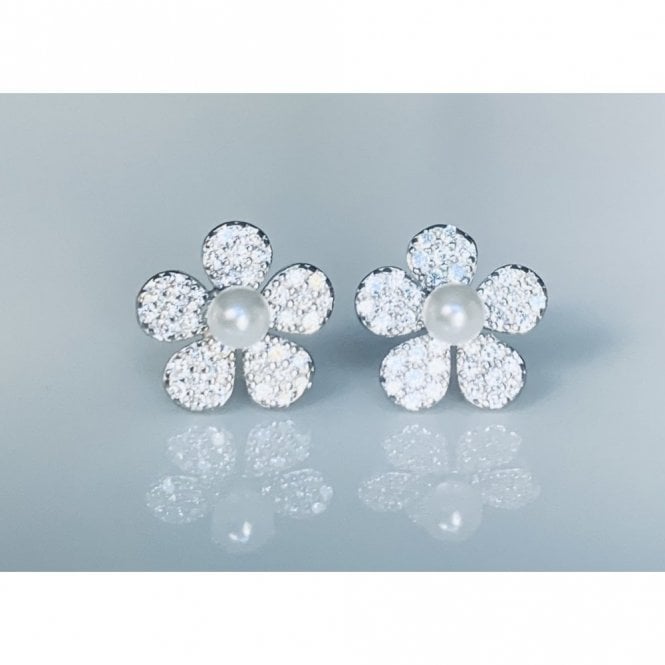 Faith Sterling Silver Sterling Silver Pearl with 5 Pave Petals Flower Stud Earrings 10x10mm