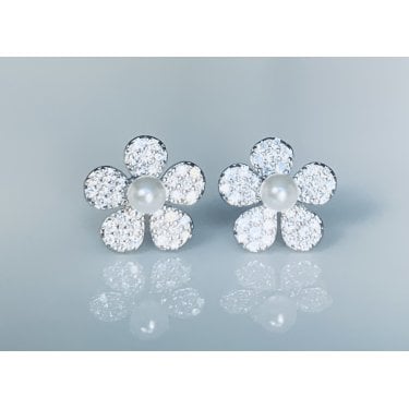 Sterling Silver Pearl with 5 Pave Petals Flower Stud Earrings 10x10mm