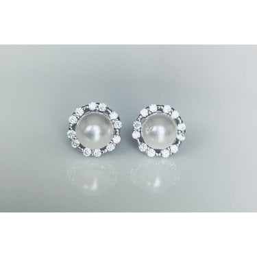 Sterling Silver Pearl with 6 Double CZ Floating Halo Stud Earrings 9x9mm