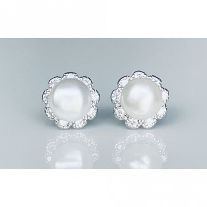 Faith Sterling Silver Sterling Silver Pearl with Beaded Edge CZ Petals Stud Earrings 8x8mm