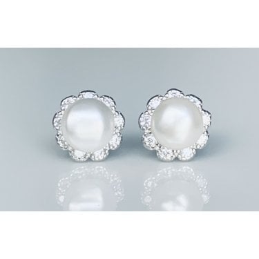 Sterling Silver Pearl with Beaded Edge CZ Petals Stud Earrings 8x8mm