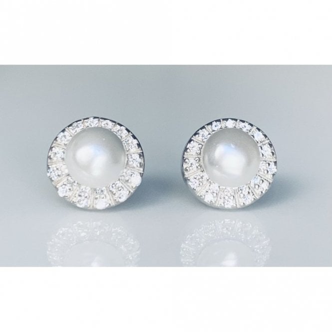 Faith Sterling Silver Sterling Silver Pearl with Claw Set CZ Halo Stud Earrings 8x8mm