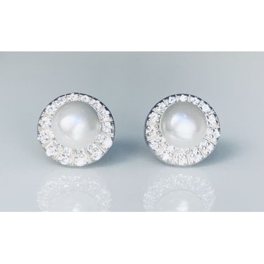 Sterling Silver Pearl with Claw Set CZ Halo Stud Earrings 8x8mm