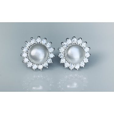 Sterling Silver Pearl with CZ Claw Set Round Halo Stud Earrings 10x10mm