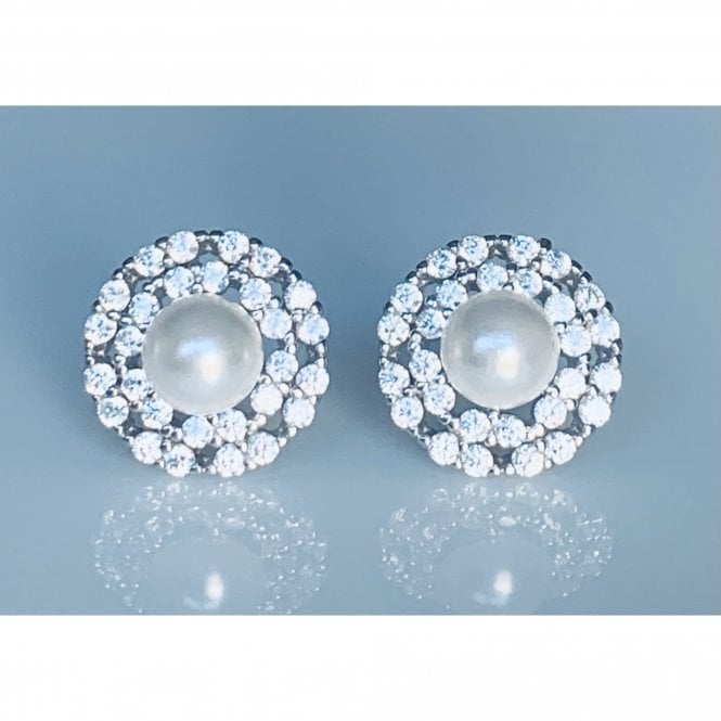 Faith Sterling Silver Sterling Silver Pearl with CZ Double Floating Halo Stud Earrings 12x12mm