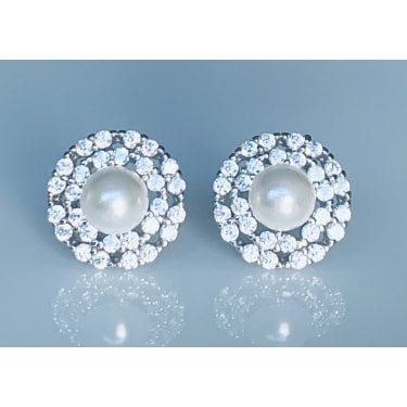 Sterling Silver Pearl with CZ Double Floating Halo Stud Earrings 12x12mm