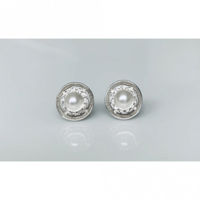 Faith Sterling Silver Sterling Silver Pearl with CZ Halo & Floating Plain Circle Surround Stud Earrings 8x8mm
