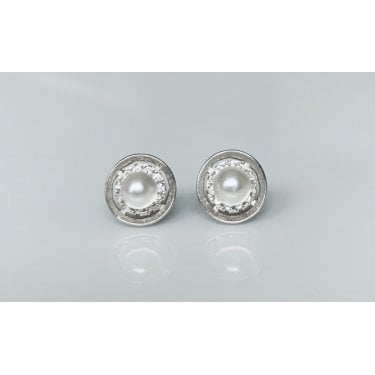 Sterling Silver Pearl with CZ Halo & Floating Plain Circle Surround Stud Earrings 8x8mm