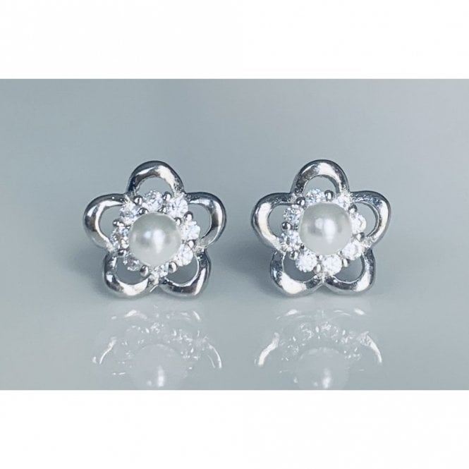 Faith Sterling Silver Sterling Silver Pearl with CZ Halo & Plain Flower Outline Stud Earrings 8x8mm