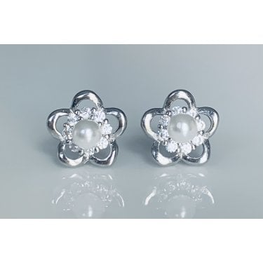 Sterling Silver Pearl with CZ Halo & Plain Flower Outline Stud Earrings 8x8mm