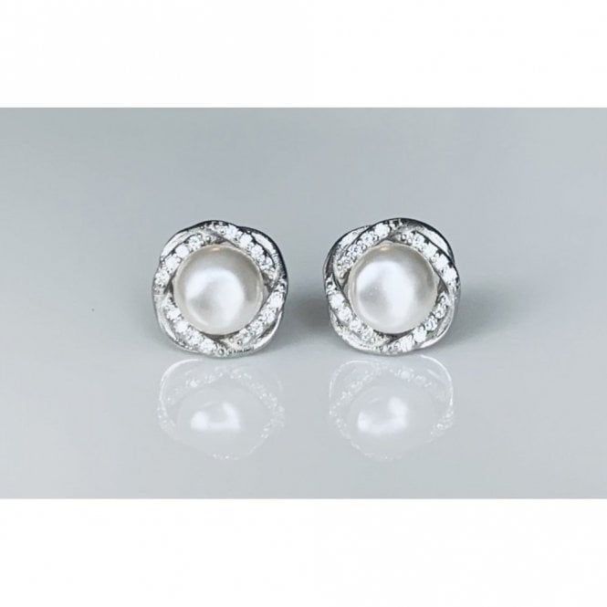 Faith Sterling Silver Sterling Silver Pearl with CZ Twist Halo Stud Earrings 9x9mm