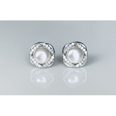 Sterling Silver Pearl with CZ Twist Halo Stud Earrings 9x9mm