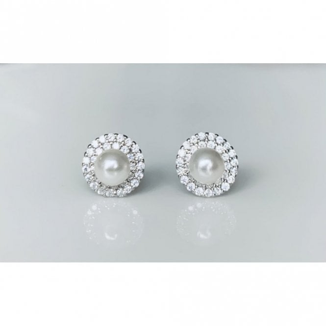 Faith Sterling Silver Sterling Silver Pearl with Double Claw Set Halo Stud Earrings 9x9mm