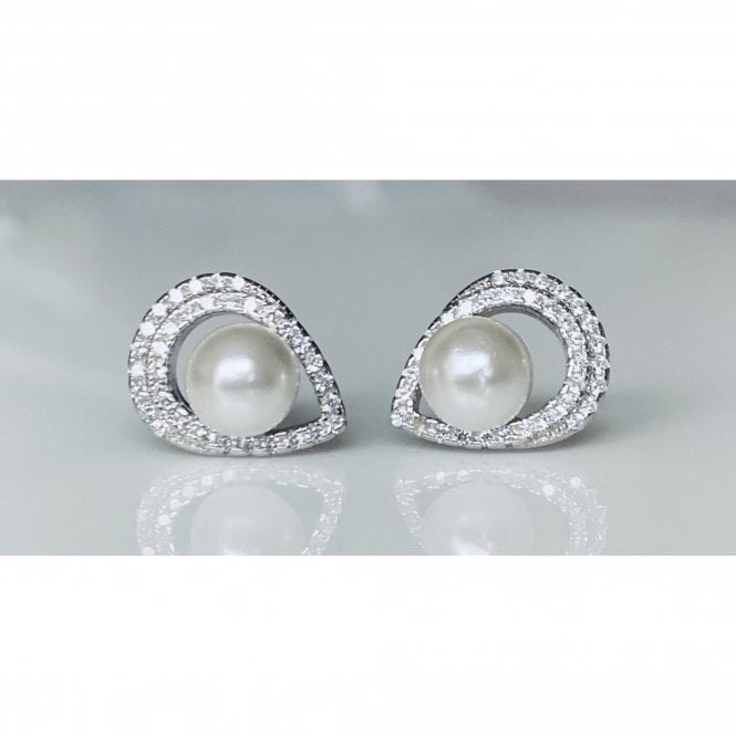 Faith Sterling Silver Sterling Silver Pearl with Double CZ Pear Floating Halo Stud Earrings 13x10mm