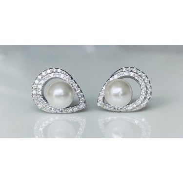 Sterling Silver Pearl with Double CZ Pear Floating Halo Stud Earrings 13x10mm