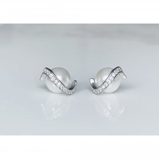 Faith Sterling Silver Sterling Silver Pearl with Front CZ Wave Stud Earrings 11x8mm