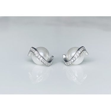 Sterling Silver Pearl with Front CZ Wave Stud Earrings 11x8mm
