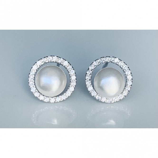 Faith Sterling Silver Sterling Silver Pearl with Off-Centre CZ Halo Stud Earrings 10x10mm