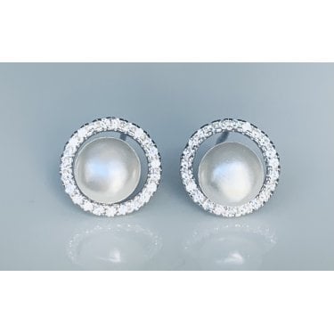 Sterling Silver Pearl with Off-Centre CZ Halo Stud Earrings 10x10mm