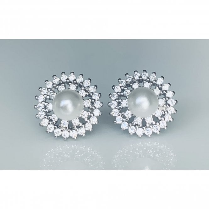 Faith Sterling Silver Sterling Silver Pearl with Patterned Surround & Claw Edge Halo Stud Earrings 11x11mm