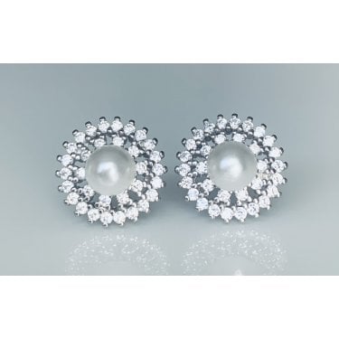 Sterling Silver Pearl with Patterned Surround & Claw Edge Halo Stud Earrings 11x11mm