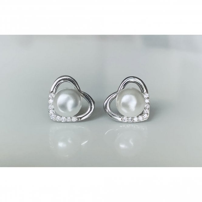 Faith Sterling Silver Sterling Silver Pearl with Plain Heart Surround and 8 Stone at Point Stud Earrings 11x12mm