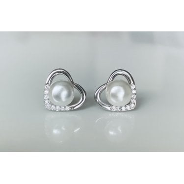 Sterling Silver Pearl with Plain Heart Surround and 8 Stone at Point Stud Earrings 11x12mm