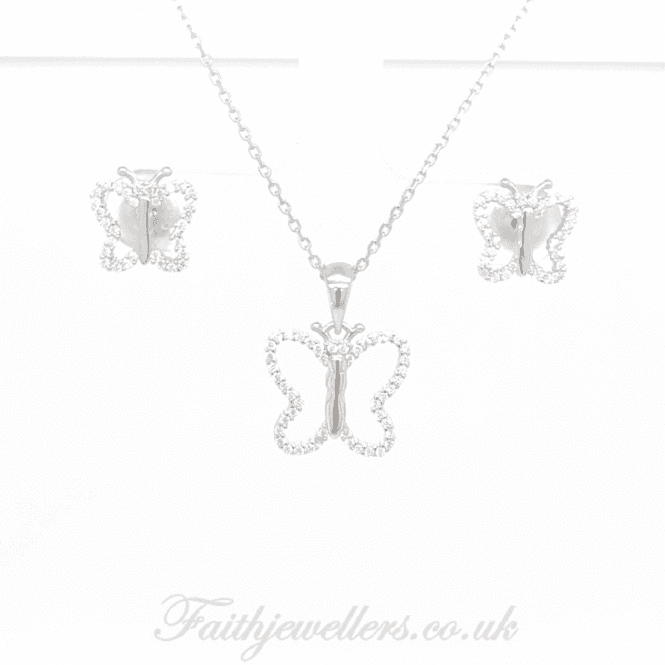 Faith Sterling Silver Sterling Silver Plain Body Butterfly with Open CZ Wings Earrings & Pendant Set 14x12mm